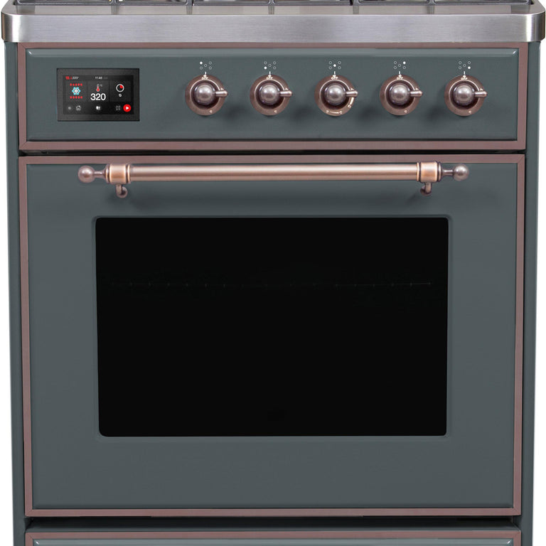 ILVE Majestic II 30" Natural Gas Burner, Electric Oven Range in Blue Grey with Bronze Trim, UM30DNE3BGBNG