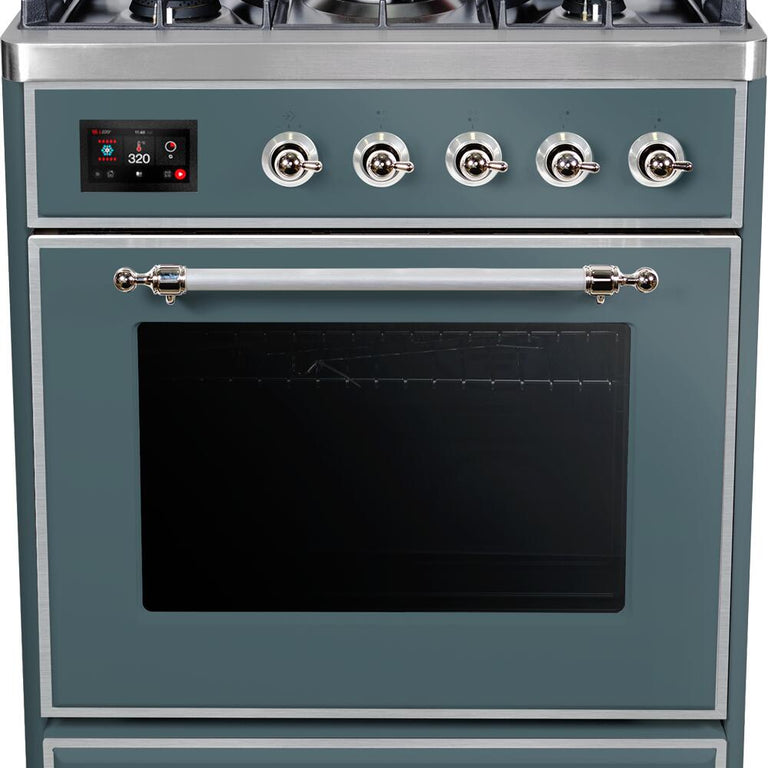 ILVE Majestic II 30" Natural Gas Burner, Electric Oven Range in Blue Grey with Chrome Trim, UM30DNE3BGCNG