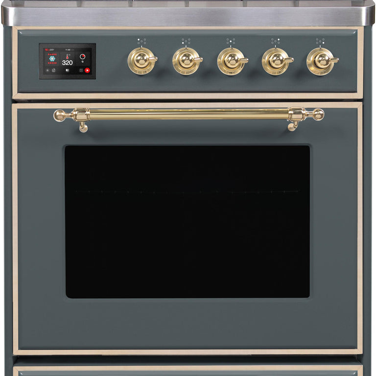 ILVE Majestic II 30" Natural Gas Burner, Electric Oven Range in Blue Grey with Brass Trim, UM30DNE3BGGNG