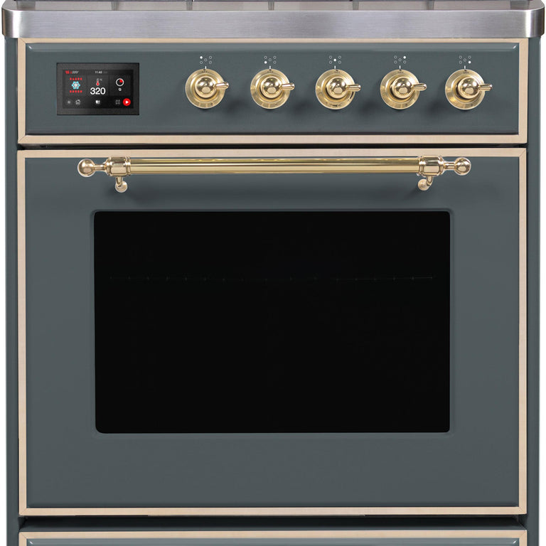 ILVE Majestic II 30" Propane Gas Burner, Electric Oven Range in Blue Grey with Brass Trim, UM30DNE3BGGLP