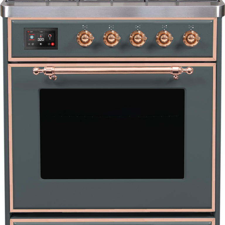 ILVE Majestic II 30" Propane Gas Burner, Electric Oven Range in Blue Grey with Copper Trim, UM30DNE3BGPLP