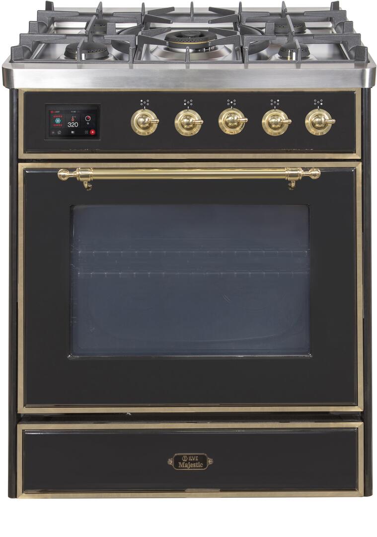 ILVE 30 in. Majestic II Series Propane Gas Burner and Electric Oven Range in Glossy Black with Brass Trim, UM30DNE3BKGLP