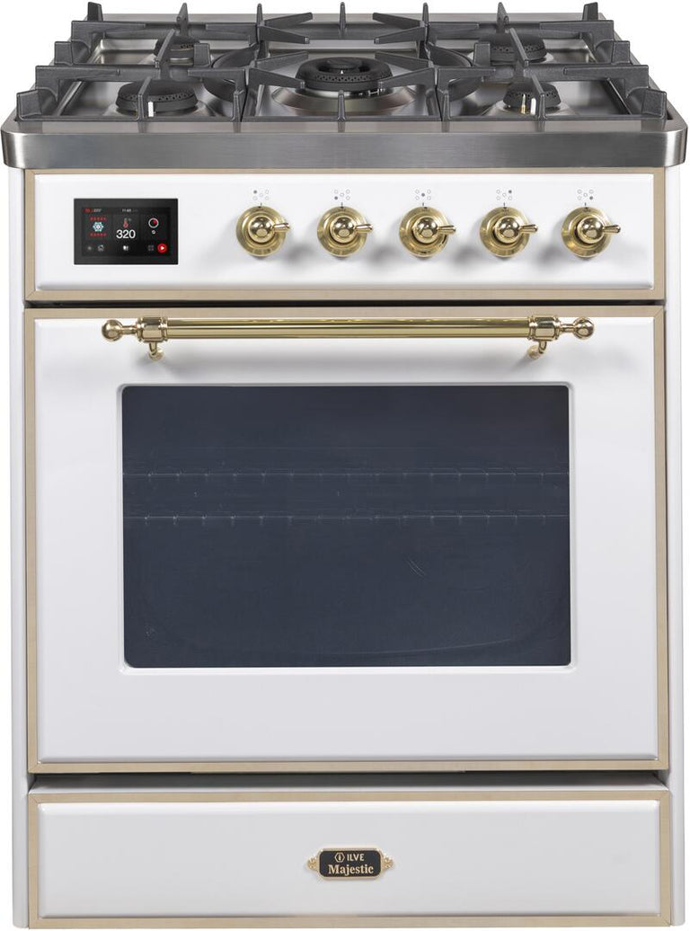 ILVE 30 in. Majestic II Series Natural Gas Burner and Single Electric Oven in White with Brass Trim, UM30DNE3WHGNG