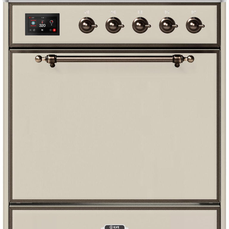 ILVE Majestic II 30" Natural Gas Burner, Electric Oven Range in Antique White with Bronze Trim, UM30DQNE3AWBNG