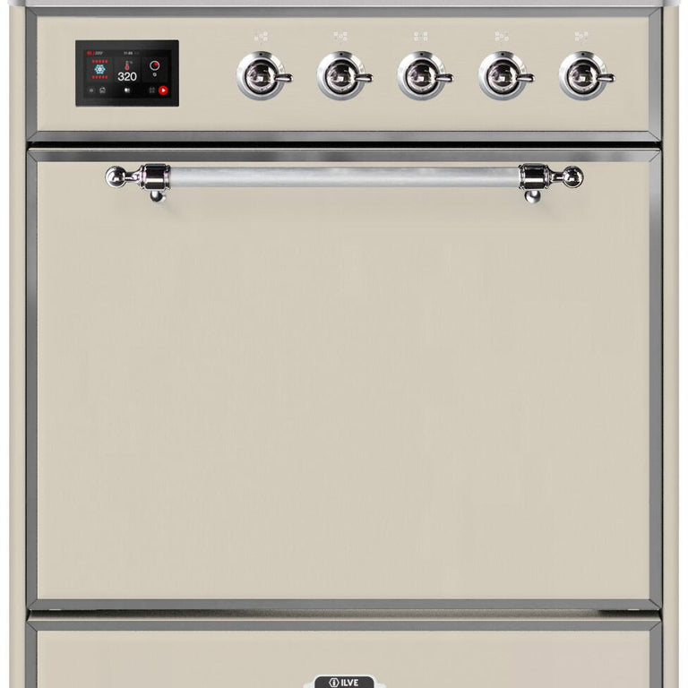 ILVE Majestic II 30" Natural Gas Burner, Electric Oven Range in Antique White with Chrome Trim, UM30DQNE3AWCNG