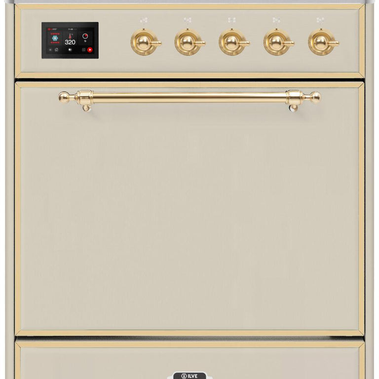 ILVE Majestic II 30" Natural Gas Burner, Electric Oven Range in Antique White with Brass Trim, UM30DQNE3AWGNG