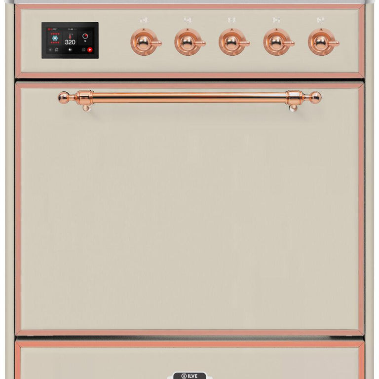 ILVE Majestic II 30" Natural Gas Burner, Electric Oven Range in Antique White with Copper Trim, UM30DQNE3AWPNG
