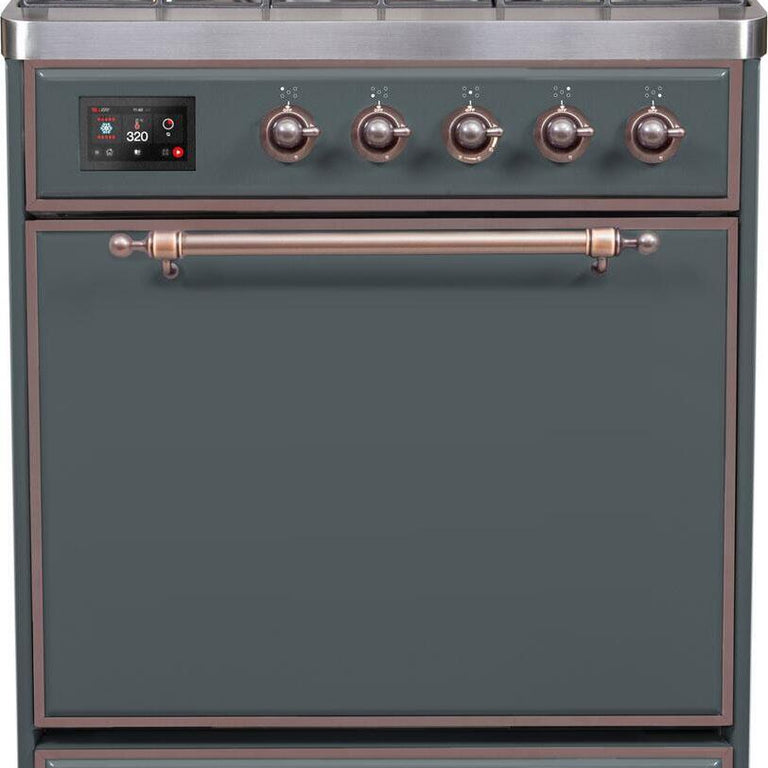 ILVE Majestic II 30" Natural Gas Burner, Electric Oven Range in Blue Grey with Bronze Trim, UM30DQNE3BGBNG