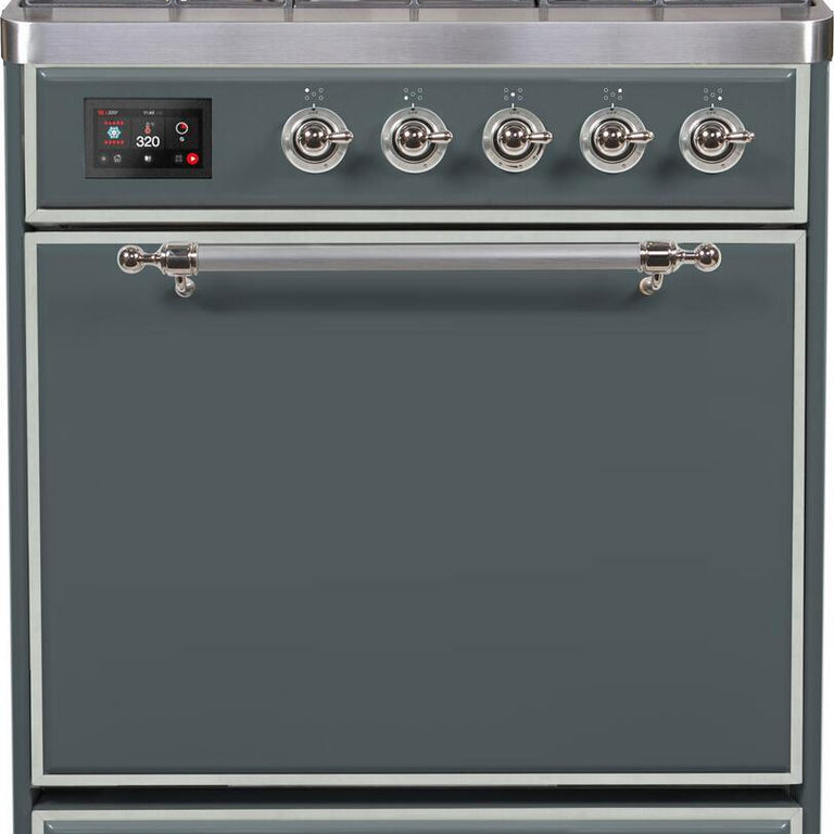 ILVE Majestic II 30" Natural Gas Burner, Electric Oven Range in Blue Grey with chrome Trim, UM30DQNE3BGCNG