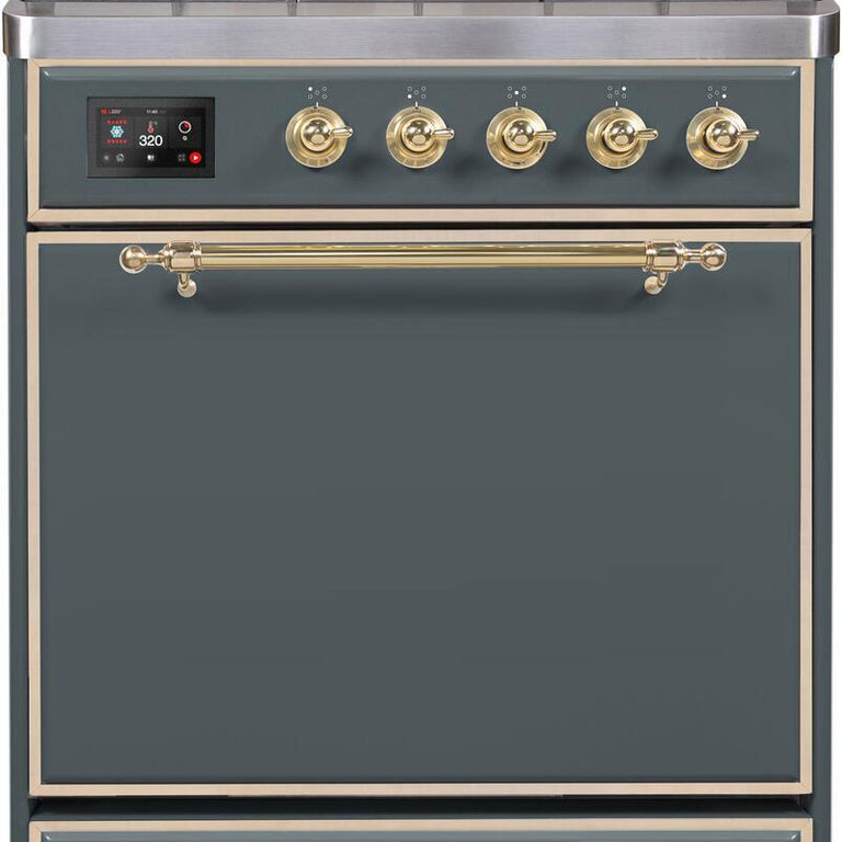 ILVE Majestic II 30" Propane Gas Burner, Electric Oven Range in Blue Grey with Brass Trim, UM30DQNE3BGGLP