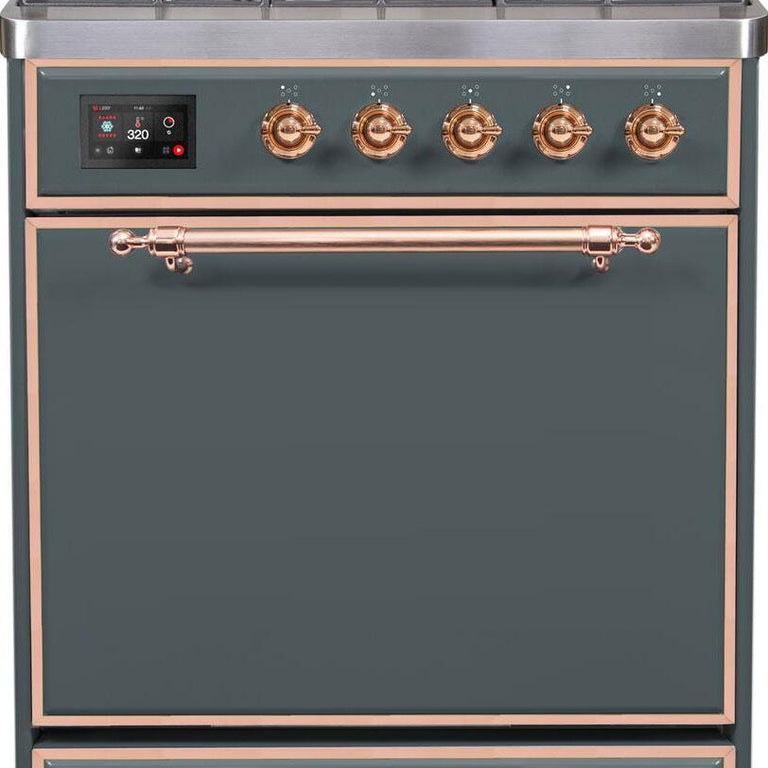 ILVE Majestic II 30" Natural Gas Burner, Electric Oven Range in Blue Grey with Copper Trim, UM30DQNE3BGPNG