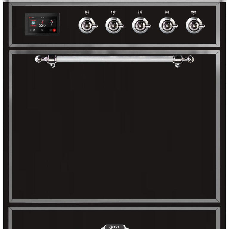 ILVE Majestic II 30" Propane Gas Burner, Electric Oven Range in Glossy Black with Chrome Trim, UM30DQNE3BKCLP