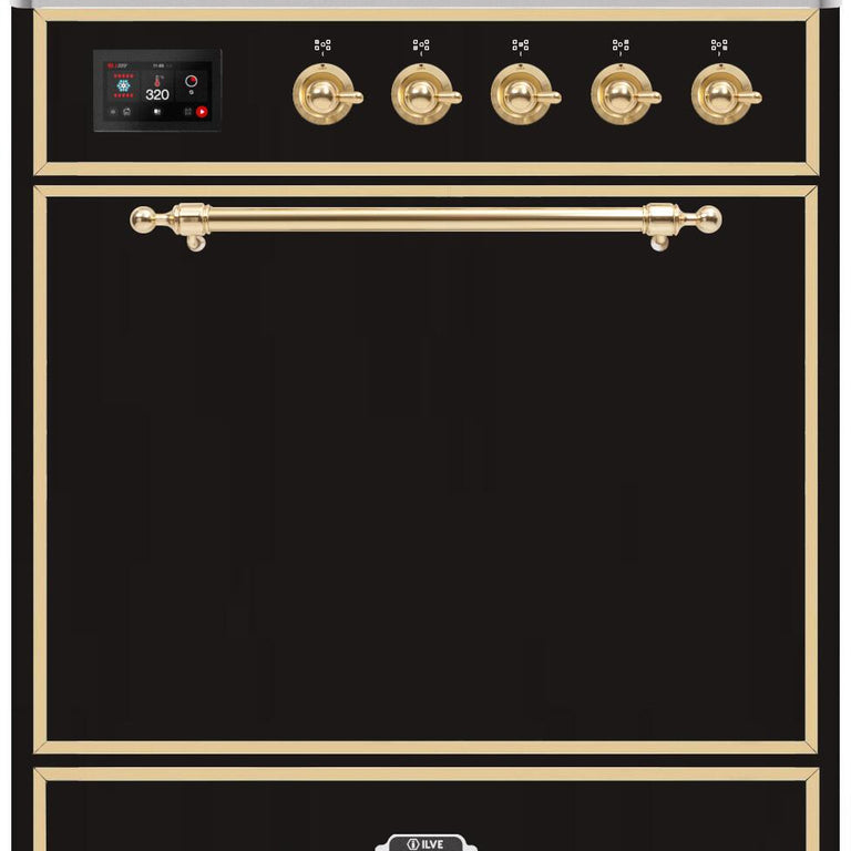 ILVE Majestic II 30" Natural Gas Burner, Electric Oven Range in Glossy Black with Brass Trim, UM30DQNE3BKGNG