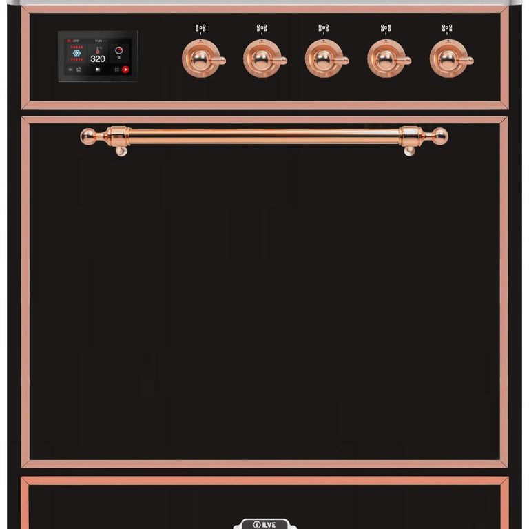 ILVE Majestic II 30" Propane Gas Burner, Electric Oven Range in Glossy Black with Copper Trim, UM30DQNE3BKPLP