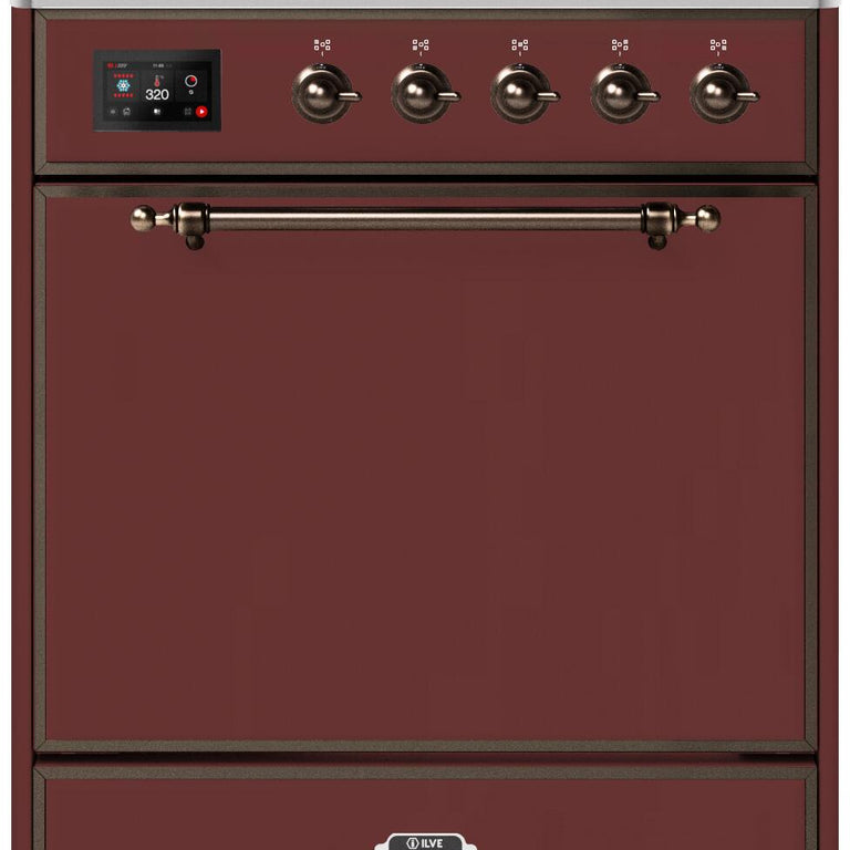 ILVE Majestic II 30" Natural Gas Burner, Electric Oven Range in Burgundy with Bronze Trim, UM30DQNE3BUBNG