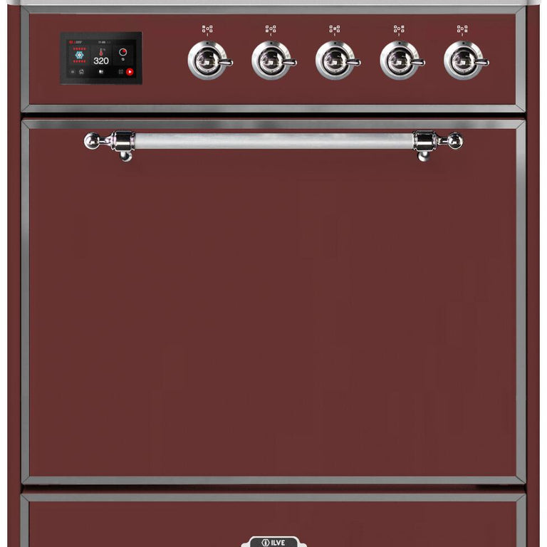 ILVE Majestic II 30" Natural Gas Burner, Electric Oven Range in Burgundy with Chrome Trim, UM30DQNE3BUCNG