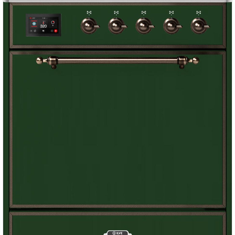 ILVE Majestic II 30" Natural Gas Burner, Electric Oven Range in Emerald Green with Bronze Trim, UM30DQNE3EGBNG