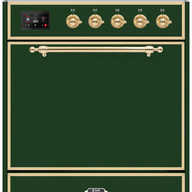 ILVE Majestic II 30" Natural Gas Burner, Electric Oven Range in Emerald Green with Brass Trim, UM30DQNE3EGGNG