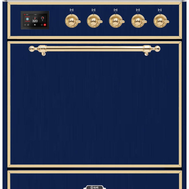 ILVE Majestic II 30" Propane Gas Burner, Electric Oven Range in Midnight Blue with Brass Trim, UM30DQNE3MBGLP