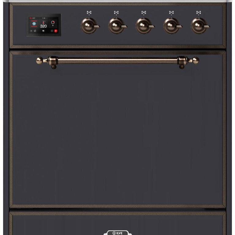 ILVE Majestic II 30" Propane Gas Burner, Electric Oven Range in Matte Graphite with Bronze Trim, UM30DQNE3MGBLP