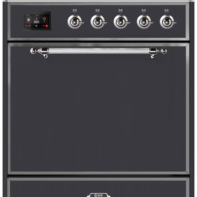 ILVE Majestic II 30" Propane Gas Burner, Electric Oven Range in Matte Graphite with Chrome Trim, UM30DQNE3MGCLP