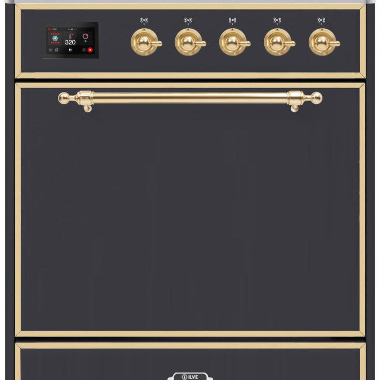 ILVE Majestic II 30" Natural Gas Burner, Electric Oven Range in Matte Graphite with Brass Trim, UM30DQNE3MGGNG