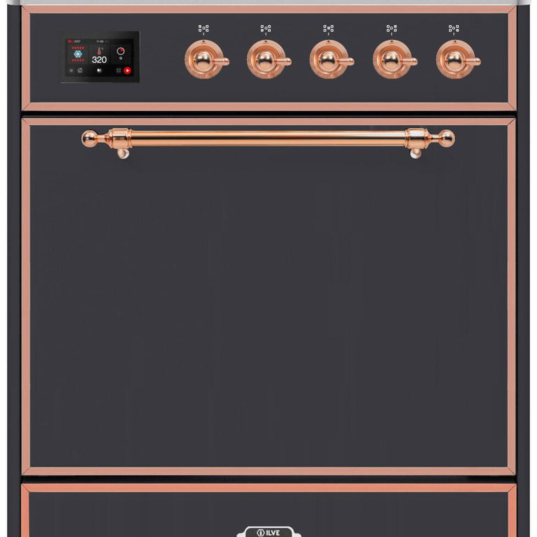 ILVE Majestic II 30" Natural Gas Burner, Electric Oven Range in Matte Graphite with Copper Trim, UM30DQNE3MGPNG