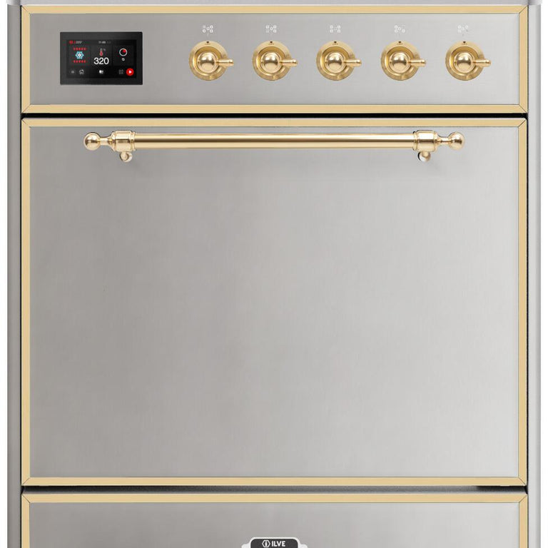 ILVE Majestic II 30" Natural Gas Burner, Electric Oven Range in Stainless Steel with Brass Trim, UM30DQNE3SSGNG