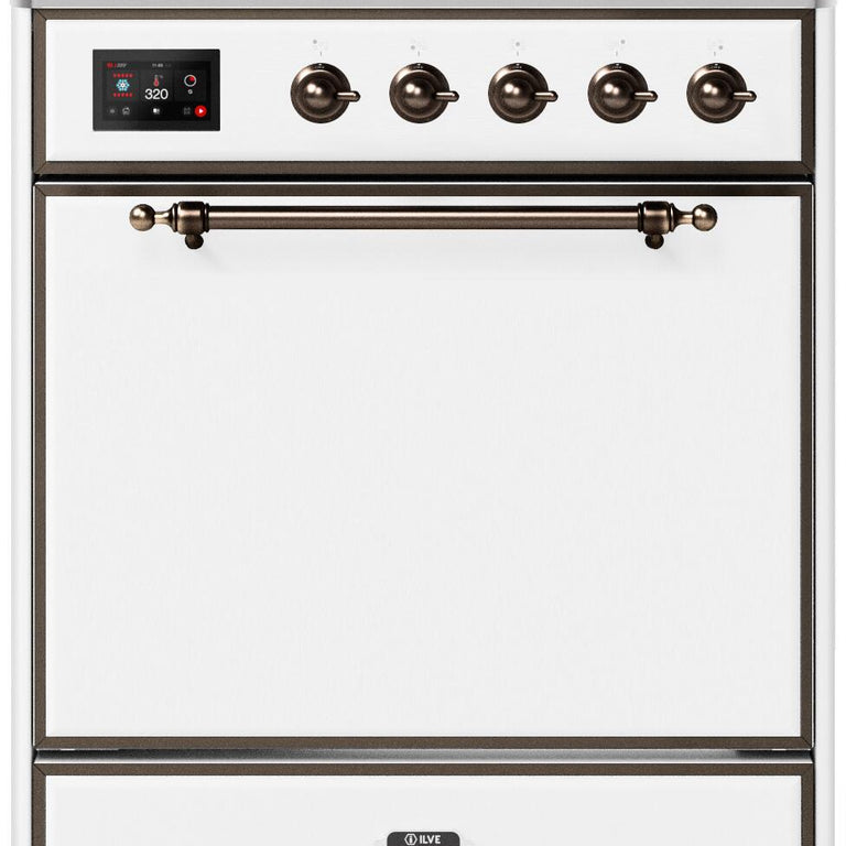 ILVE Majestic II 30" Natural Gas Burner, Electric Oven Range in White with Bronze Trim, UM30DQNE3WHBNG