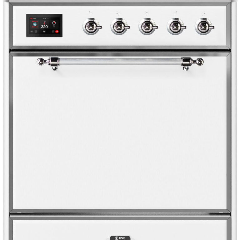 ILVE Majestic II 30" Natural Gas Burner, Electric Oven Range in White with Chrome Trim, UM30DQNE3WHCNG