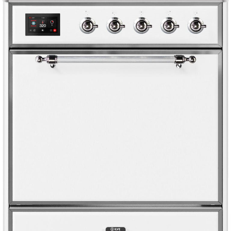 ILVE Majestic II 30" Propane Gas Burner, Electric Oven Range in White with Chrome Trim, UM30DQNE3WHCLP