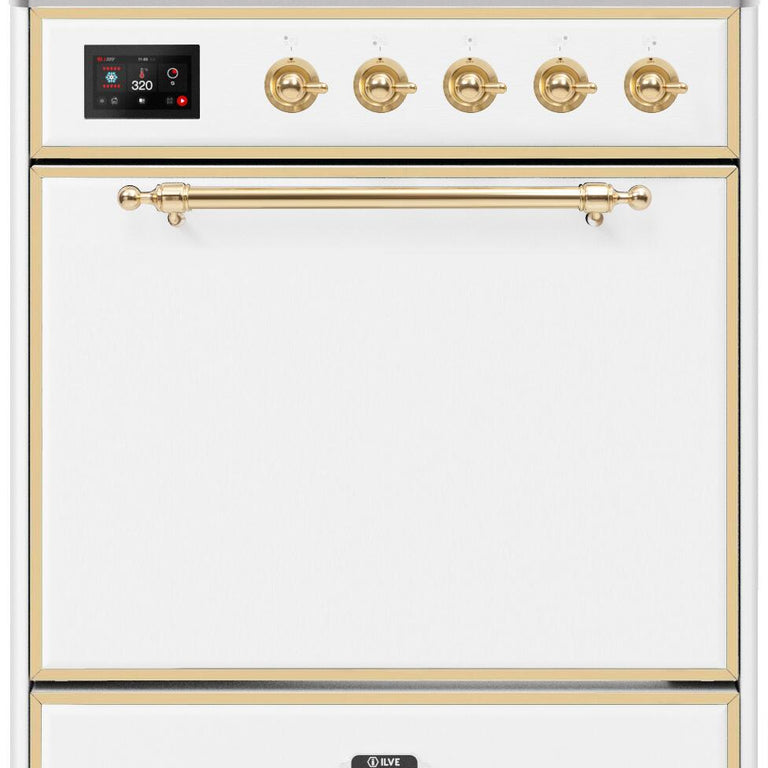 ILVE Majestic II 30" Natural Gas Burner, Electric Oven Range in White with Brass Trim, UM30DQNE3WHGNG