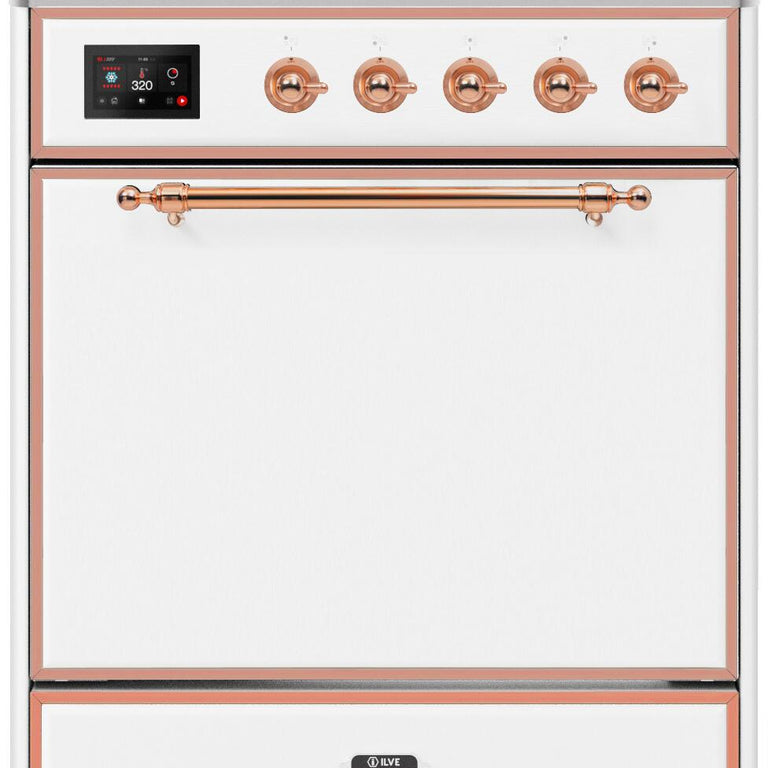 ILVE Majestic II 30" Propane Gas Burner, Electric Oven Range in White with Copper Trim, UM30DQNE3WHPLP