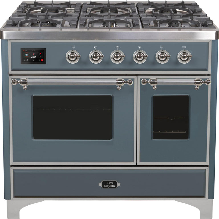 ILVE Majestic II 40" Natural Gas Burner, Electric Oven Range in Blue Grey with Chrome Trim, UMD10FDNS3BGCNG