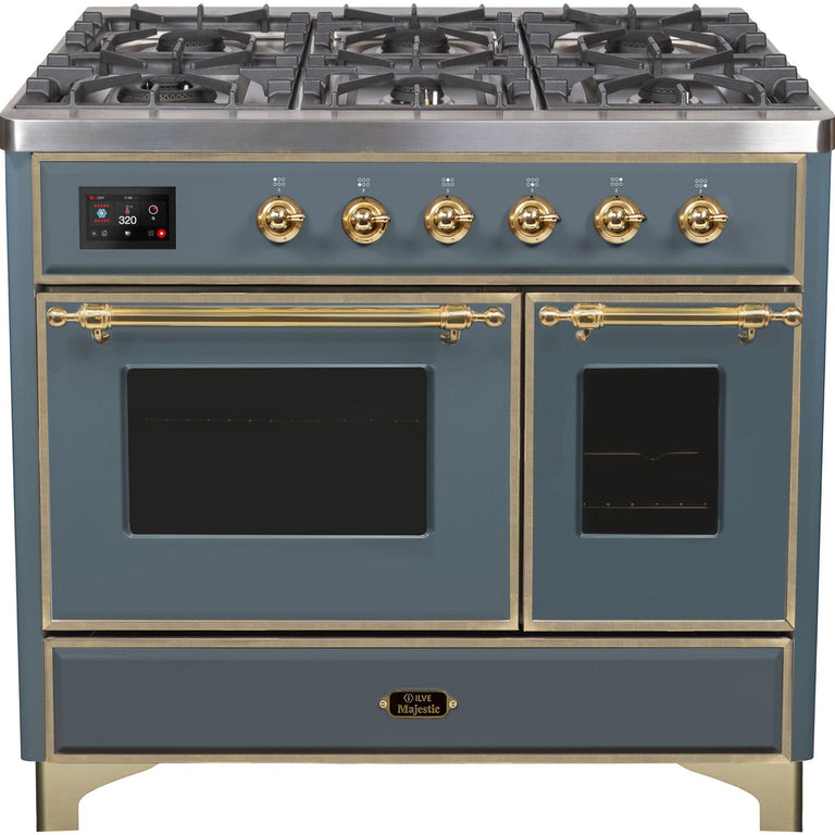 ILVE Majestic II 40" Natural Gas Burner, Electric Oven Range in Blue Grey with Brass Trim, UMD10FDNS3BGGNG