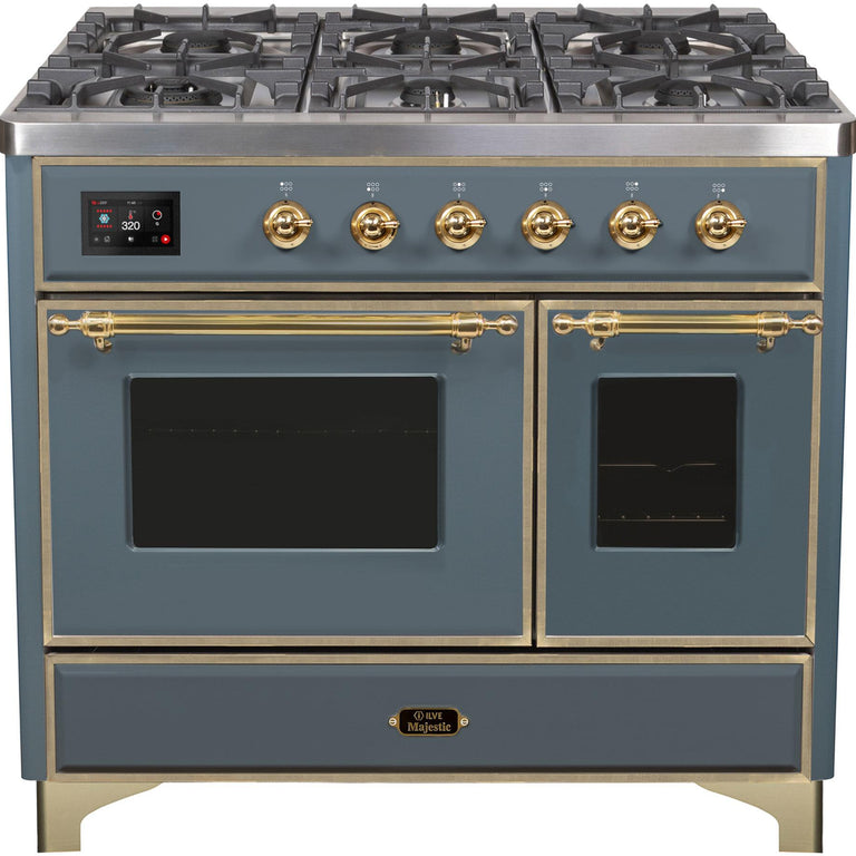ILVE Majestic II 40" Propane Gas Burner, Electric Oven Range in Blue Grey with Brass Trim, UMD10FDNS3BGGLP