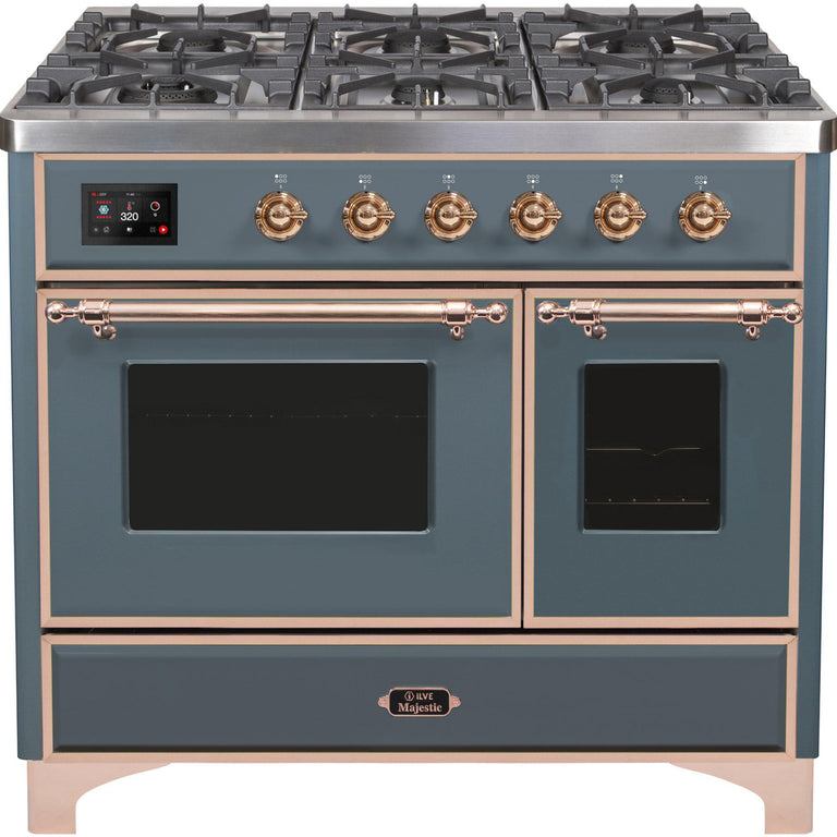 ILVE Majestic II 40" Propane Gas Burner, Electric Oven Range in Blue Grey with Copper Trim, UMD10FDNS3BGPLP