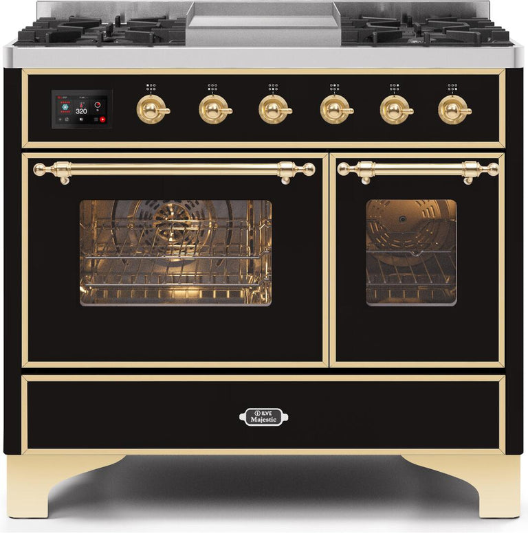 ILVE 40 in. Majestic II Series Natural Gas Burner and Double Electric Oven in Glossy Black with Brass Trim, UMD10FDNS3BKGNG