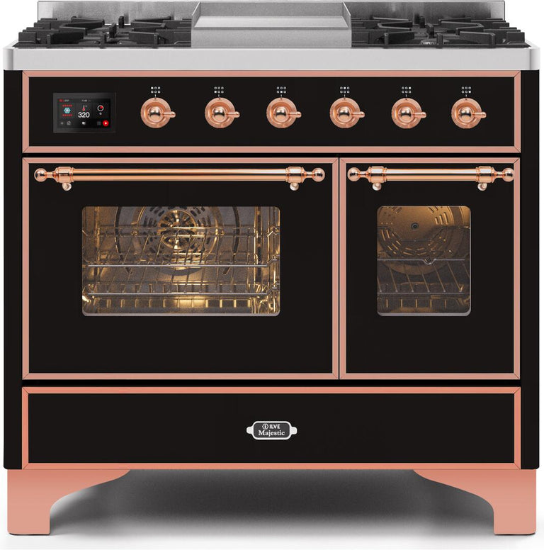 ILVE 40 in. Majestic II Series Propane Gas Burner and Electric Oven Range in Glossy Black with Copper Trim, UMD10FDNS3BKPLP