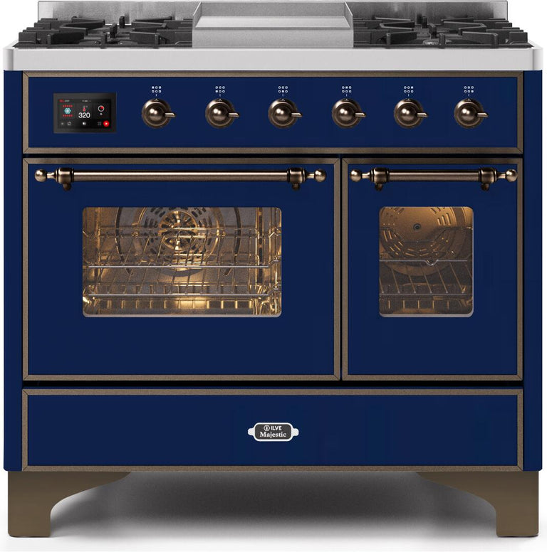 ILVE 40 in. Majestic II Series Natural Gas Burner and Double Electric Oven in Midnight Blue with Bronze Trim, UMD10FDNS3MBBNG