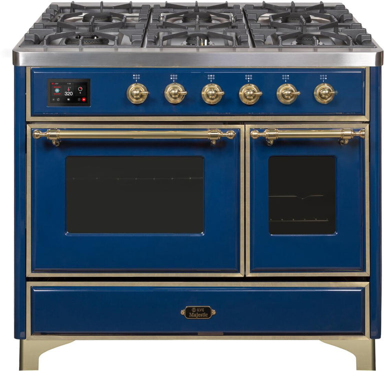 ILVE 40 in. Majestic II Series Natural Gas Burner and Double Electric Oven in Midnight Blue with Brass Trim, UMD10FDNS3MBGNG