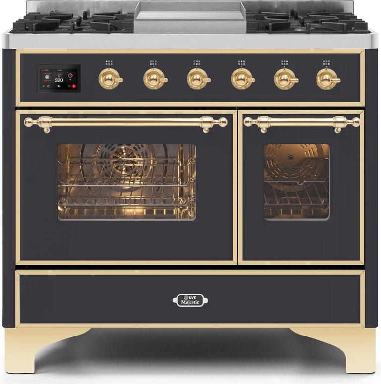 ILVE 40 in. Majestic II Series Propane Gas Burner and Electric Oven Range in Matte Graphite with Brass Trim, UMD10FDNS3MGGLP