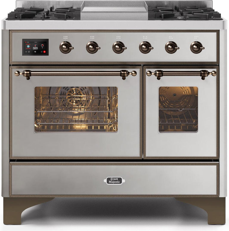 ILVE 40 in. Majestic II Series Natural Gas Burner and Double Electric Oven in Stainless Steel with Bronze Trim, UMD10FDNS3SSBNG