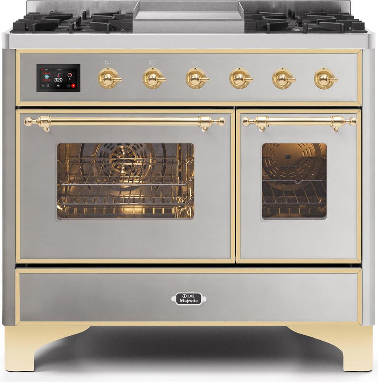 ILVE 40 in. Majestic II Series Natural Gas Burner and Double Electric Oven in Stainless Steel with Brass Trim, UMD10FDNS3SSGNG