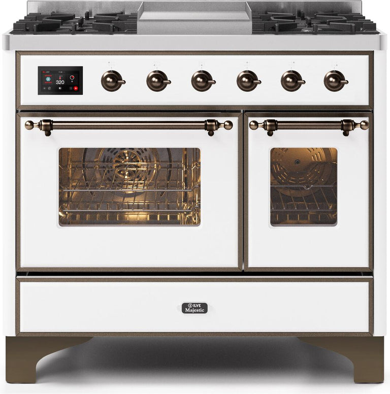 ILVE 40 in. Majestic II Series Propane Gas Burner and Electric Oven Range in White with Bronze Trim, UMD10FDNS3WHBLP