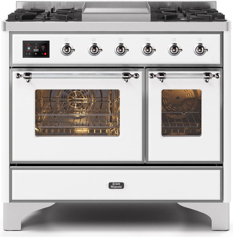 ILVE 40 in. Majestic II Series Natural Gas Burner and Double Electric Oven in White with Chrome Trim, UMD10FDNS3WHCNG