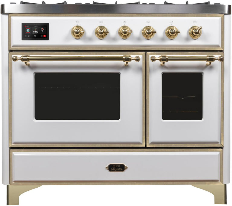 ILVE 40 in. Majestic II Series Natural Gas Burner and Double Electric Oven in White with Brass Trim, UMD10FDNS3WHGNG