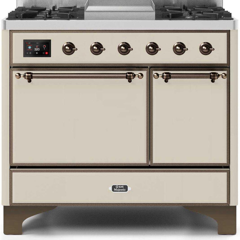 ILVE Majestic II 40" Natural Gas Burner, Electric Oven Range in Antique White with Bronze Trim, UMD10FDQNS3AWBNG