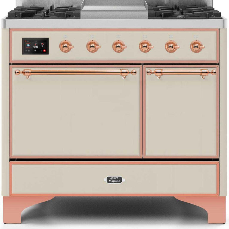 ILVE Majestic II 40" Propane Gas Burner, Electric Oven Range in Antique White with Copper Trim, UMD10FDQNS3AWPLP