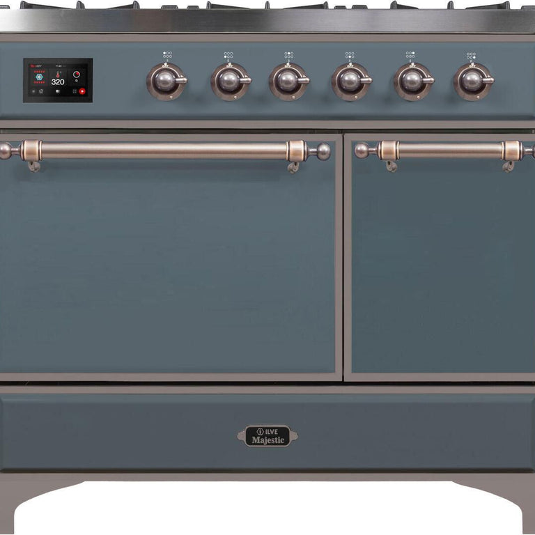 ILVE Majestic II 40" Natural Gas Burner, Electric Oven Range in Blue Grey with Bronze Trim, UMD10FDQNS3BGBNG